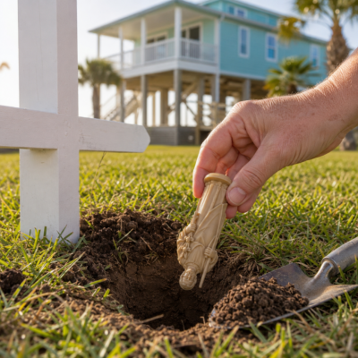 Small St. Joseph home-selling statue being buried near a Crystal Beach listing sign