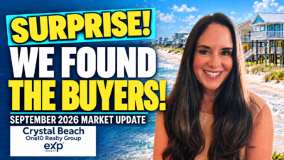 Beth Terminella looks surprised beside “We Found the Buyers” headline for the September 2026 Crystal Beach real estate market update.