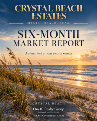 Crystal Beach Estates six-month market report cover with a coastal beach scene
