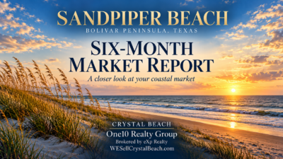 Sandpiper Beach six-month market report cover featuring coastal dunes and Gulf waters